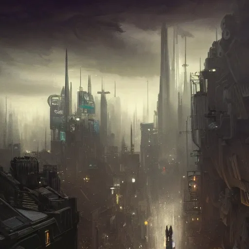 Dark themed Authentic illustration of a city on space colony ,Magnificent wide angle, high quality, city landscape, Rule of Thirds, fibonacci, 4K, Retrofuturism, thomas kinkade, greg rutkowski, Dynamic Lighting, Surrealist, Fantasy, Pencil Sketch