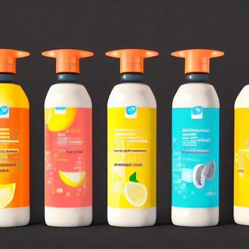 A shampoo bottle Head&Schoulders brand, lemon and mango design on the label, bright background, digital art, 3D Render