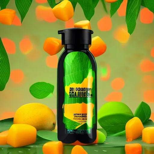 A shampoo bottle label brand, liquid splash design, mango fruit, bright background with green leaves, cyberpunk, 3D Render