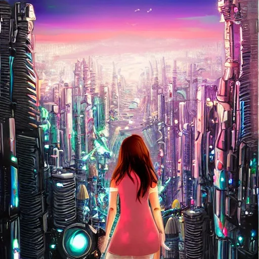 Behold a mesmerizing sight of a young woman amongst a high-tech futuristic cityscape, bursting with vibrant and extreme details." --ar 9:16