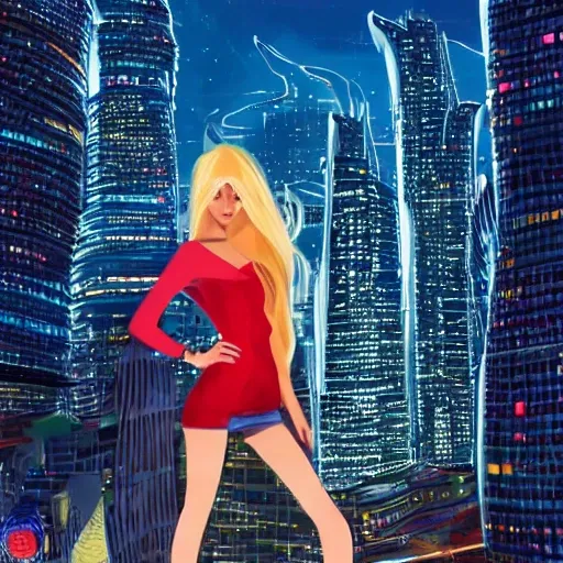 Behold a mesmerizing sight of a young ukrainian blond woman amongst a high-tech futuristic cityscape, bursting with vibrant and extreme details." --ar 9:16