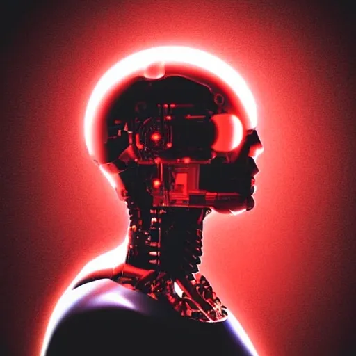 red cyborg in profile looking towards a portal to another dimension
