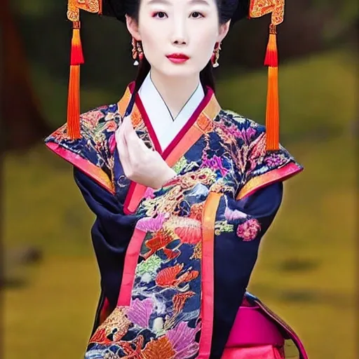 A beautiful Chinese girl in Tang Dynasty style attire. She wears a traditional hanfu dress with flowing sleeves, a high collar, and intricate embroidery. Her hair is styled in an elegant updo with a jeweled hairpin, and her makeup is minimal yet enhancing. She exudes grace and sophistication, as if she walked straight out of a Tang Dynasty painting.