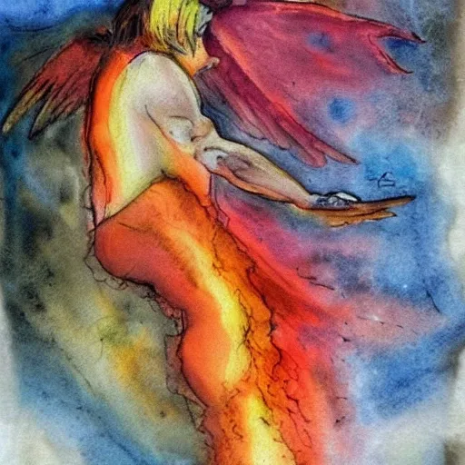 Ángel fallen dark fire, , Water Color