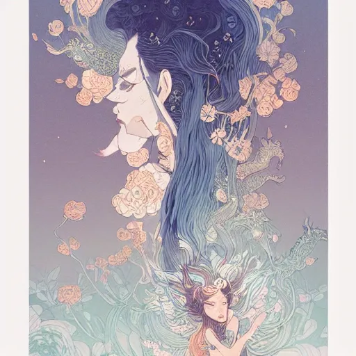 beautiful cute front portrait of an elvish deity, big long hair, herbs and blue pastel colors, flowers orange by victo ngai, kilian eng, dynamic lighting, digital art, art by james jean, takato yamamoto, inkpunk minimalism, fantasy baby dragon behind, Oil Painting, 3D