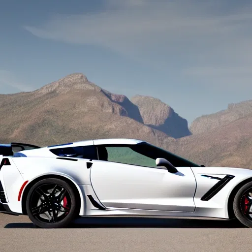 2017 Corvette ZR1 with ZTK Performance package, White, Mountain overpass background, Summer, Highres, 4K, full vehicle. right rear quarter panel, correct proportions, pinup girl on hood