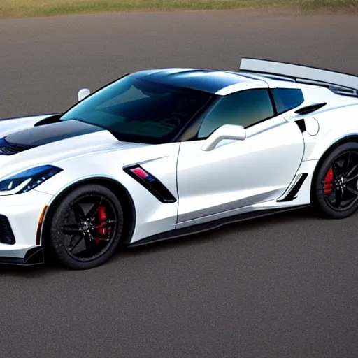 2017 Corvette ZR1 with ZTK Performance package, White, Mountain overpass background, Summer, Highres, 4K, full vehicle. right rear quarter panel, correct proportions, pinup girl on hood