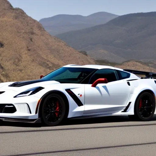 2017 Corvette ZR1 with ZTK Performance package, White, Mountain overpass background, Summer, Highres, 4K, full vehicle. right rear quarter panel, correct proportions, blonde pinup girl on hood, 50 ft away.