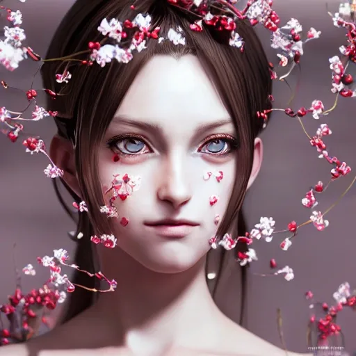 the portrait of the absurdly beautiful, graceful, elegant, gorgeous, fashionable photorealistic anime european woman made of cherries and white petals with tears, an ultrafine hyperrealistic illustration by kim jung gi, irakli nadar, intricate linework, bright colors, octopath traveler, final fantasy, unreal engine highly rendered, global illumination, radiant light, intricate environment, 