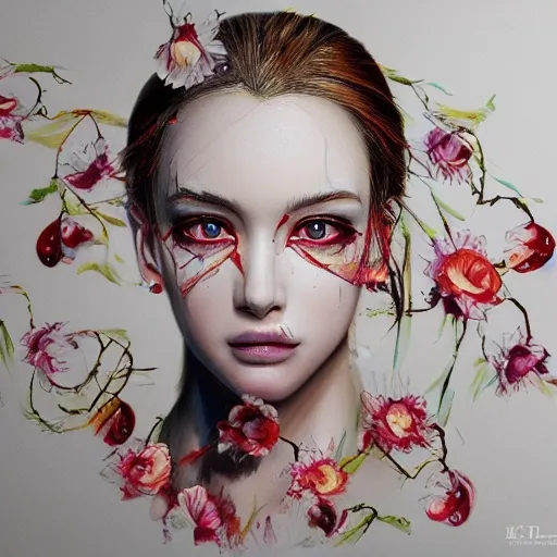 the portrait of the absurdly beautiful, graceful, elegant, gorgeous, fashionable photorealistic anime european woman made of cherries and white petals with tears, an ultrafine hyperrealistic illustration by kim jung gi, irakli nadar, intricate linework, bright colors, octopath traveler, final fantasy, unreal engine highly rendered, global illumination, radiant light, intricate environment, , 3D, Water Color