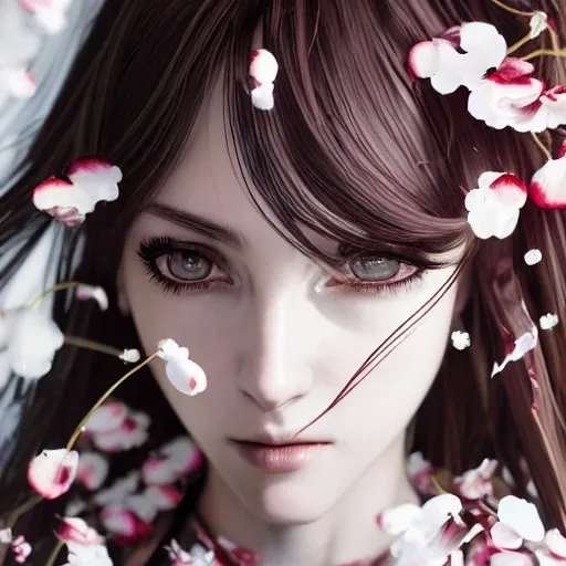 the portrait of the absurdly beautiful, graceful, elegant, gorgeous, fashionable photorealistic anime european woman made of cherries and white petals with tears, an ultrafine hyperrealistic illustration by kim jung gi, irakli nadar, intricate linework, bright colors, octopath traveler, final fantasy, unreal engine highly rendered, global illumination, radiant light, intricate environment