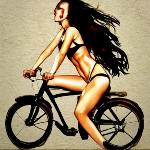 Sexy brunette girl on a bike, hyper realism style