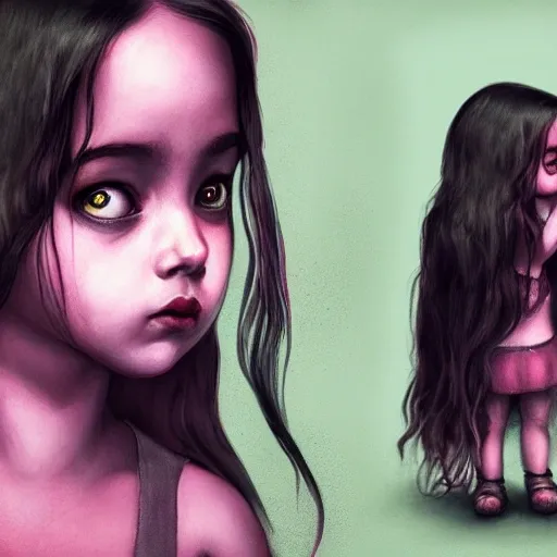child with dark hair is standing on a dark background, in the style of tatiana suarez, zbrush, tim burton, dark pink, john larriva, illustration, gloomy