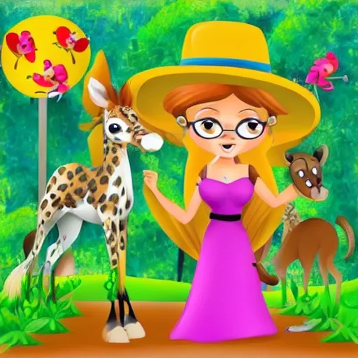 animales, bosque magico, chico chica paseando, abuela, Cartoon, Cartoon