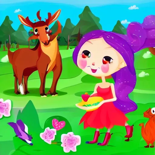 animales, bosque magico, chico chica paseando, Cartoon, Cartoon