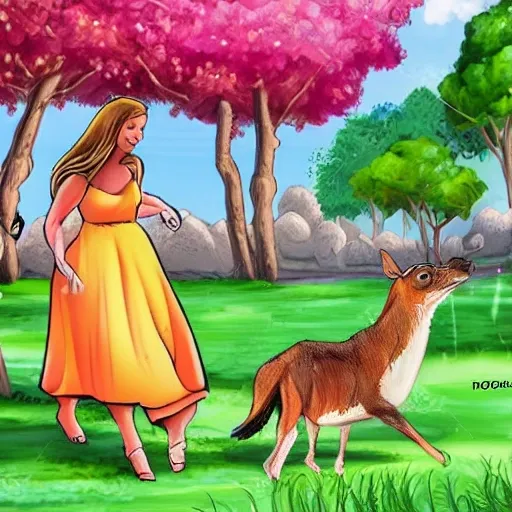 animales, bosque magico, nene, nena paseando, Cartoon, Cartoon