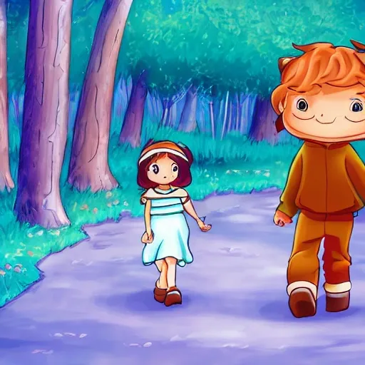 animals, magical forest, boy and girl walking, Cartoon