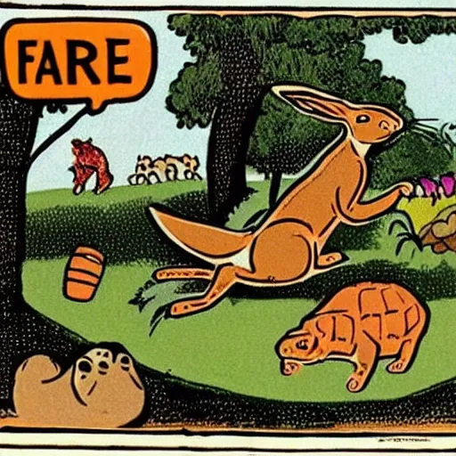 retro cartoon of a hare and a tortoise competing in a farm and other animals as public