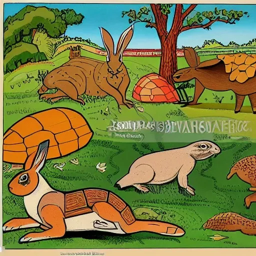 retro cartoon of a hare and a tortoise competing in a farm and other animals as public