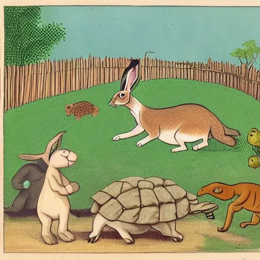 cartoon of a hare and a tortoise competing in a farm and other animals as public