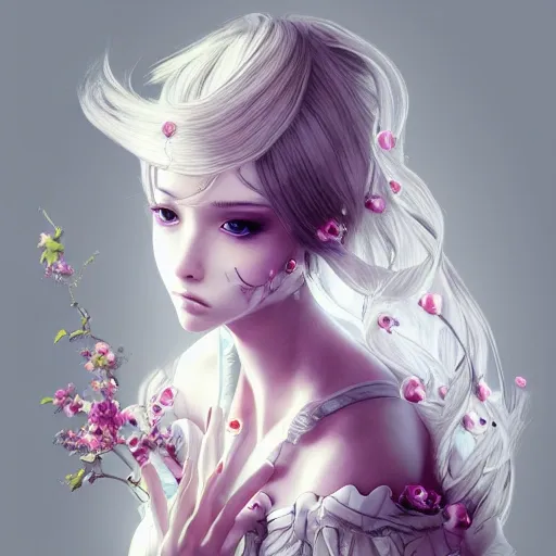 the portrait of the absurdly beautiful, graceful, elegant, gorgeous, fashionable photorealistic anime european woman made of cherries and white petals with tears, an ultrafine hyperrealistic illustration by kim jung gi, irakli nadar, intricate linework, bright colors, octopath traveler, final fantasy, unreal engine highly rendered, global illumination, radiant light, intricate environment, Trippy