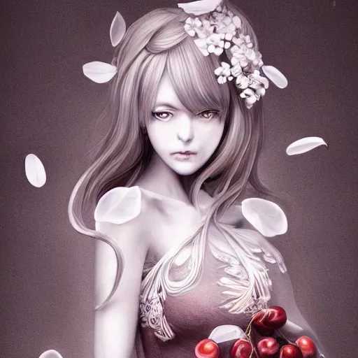 the portrait of the absurdly beautiful, graceful, elegant, gorgeous, fashionable photorealistic anime european woman made of cherries and white petals with tears, an ultrafine hyperrealistic illustration by kim jung gi, irakli nadar, intricate linework, bright colors, octopath traveler, final fantasy, unreal engine highly rendered, global illumination, radiant light, intricate environment, Trippy, Pencil Sketch