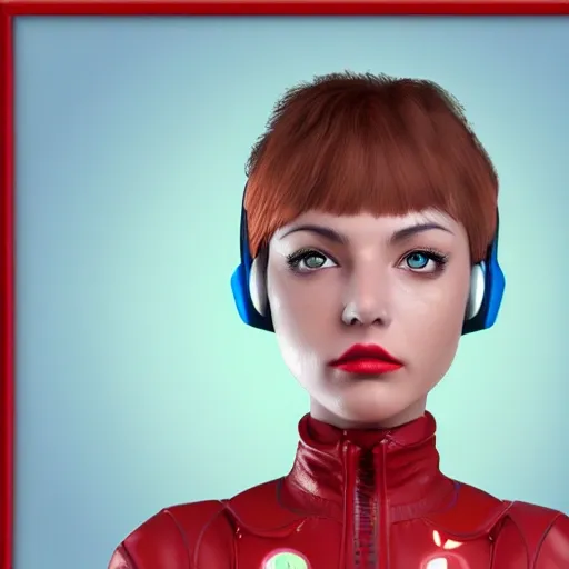 bestquality,highlydetailed,masterpiece,ultra-detailed,solo,1gir, beauty realistic readhead girl,(Skin-tight leather:1.3),(light reflection:1.2),,red_eyes,solo,simple_background,pilot_suit,short_hair,blue_hair,bangs,interface_headset,turtleneck,hair_between_eyes,skinny,parted_lips,looking_at_viewer, small breasts,realistic shaded, fine details