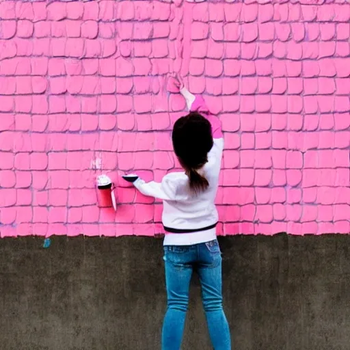 , Cartoon a girl painting a wall using pink sweater
