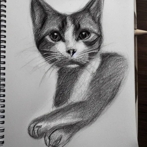 
, Pencil Sketch a cat on a three