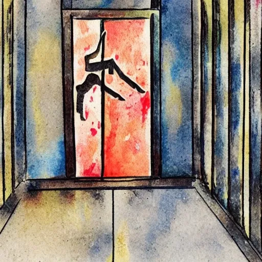 create an image of  an elevator trapped between two floors, with a helpless figure inside, Water Color