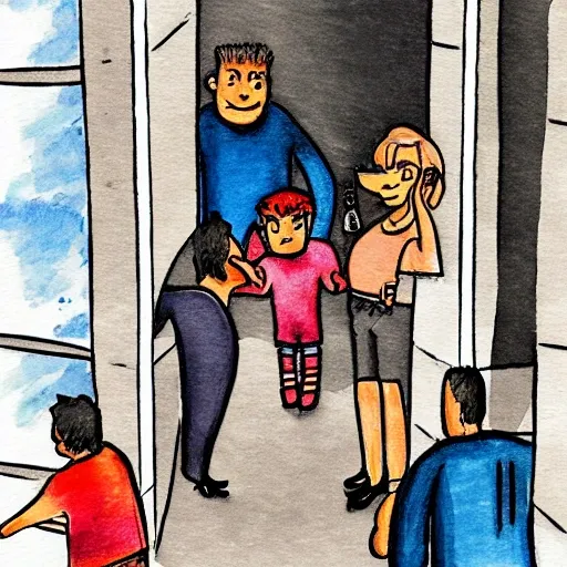 create an cartoon image of a person looking distressed as they climb out of an elevator, with their friends and security guards waiting outside, Water Color