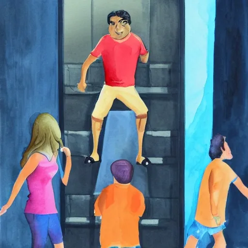 create an cartoon image of a person looking distressed as they climb out of an elevator, with their friends and security guards waiting outside, Water Color, Oil Painting