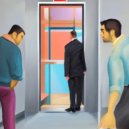 create an cartoon image of a person looking distressed as they climb out of an elevator, with their friends and security guards waiting outside, Oil Painting