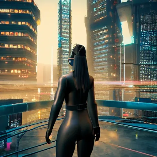 girl, ninja suit, cyberpunk cityscape, 3D, 3D