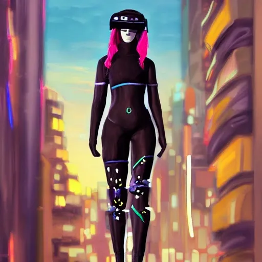 girl, ninja suit, cyberpunk cityscape, 3D,  Oil Painting