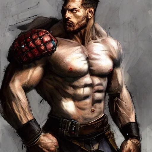 portrait full body male fighter with hard muscule big furry body painting by gaston bussiere, greg rutkowski, yoji shinkawa, yoshitaka amano, tsutomu nihei, donato giancola, tim hildebrandt, oil on canvas, trending on artstation, featured on pixiv, cinematic composition, extreme detail, metahuman creator,(best quality:1.4), ((masterpiece)),((realistic)), (detailed),Negative prompt: paintings, sketches, -worst quality,(normal quality:2.0), lowres, ((monochrome)), ((grayscale))(monochrome:1.1), (shota:1.5), ((disfigured)), ((bad art)),((NSFW)), bad-hands-5,Steps: 20, Sampler: DDIM, CFG scale: 7, Seed: 845211568, Size: 512x768,  Model: V08_V08, Denoising strength: 0.5, ENSD: 31337, Hires upscale: 2, Hires steps: 20, Hires upscaler: 4x-UltraSharp