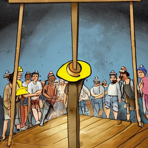 create a cartoon image of a laborer in a hard hat, standing next to a gallows-like suspended wooden platform, demonstrating an elevator brake to a group of astonished onlookers., Water Color