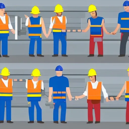 create a cartoon image of a group of workers, happily examining a new, space-saving and energy-efficient hoist belt, Water Color