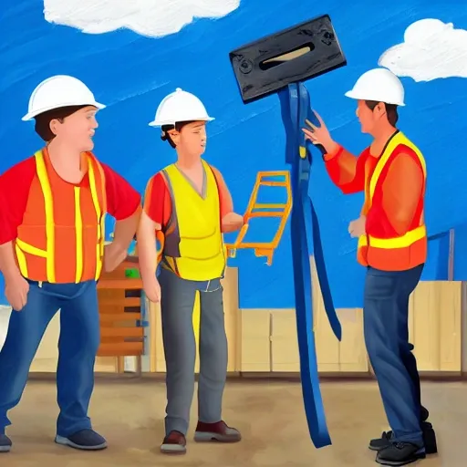 create a cartoon image of a group of workers, happily examining a new, space-saving and energy-efficient hoist belt , Oil Painting, Cartoon