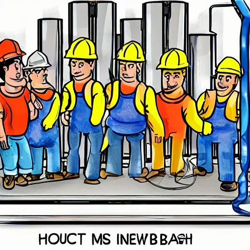 create a cartoon image of a group of workers, happily examining a new, space-saving and energy-efficient hoist belt ,  Cartoon, Water Color