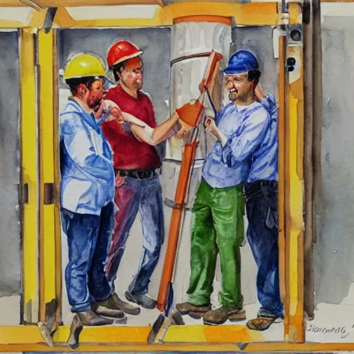 create an image of a group of workers, happily examining a new, space-saving and energy-efficient elevator traveling cable, Water Color, Oil Painting