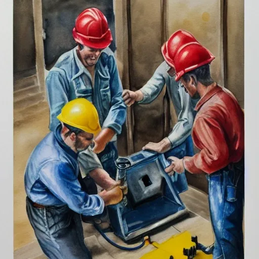 create an image of a group of workers, happily examining a new, space-saving and energy-efficient elevator traveling cable, Water Color, Oil Painting