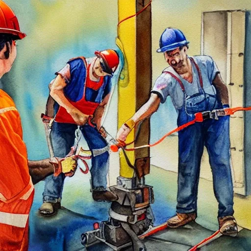 create an image of a group of workers, happily examining a new, space-saving and energy-efficient elevator cable, Water Color, Oil Painting