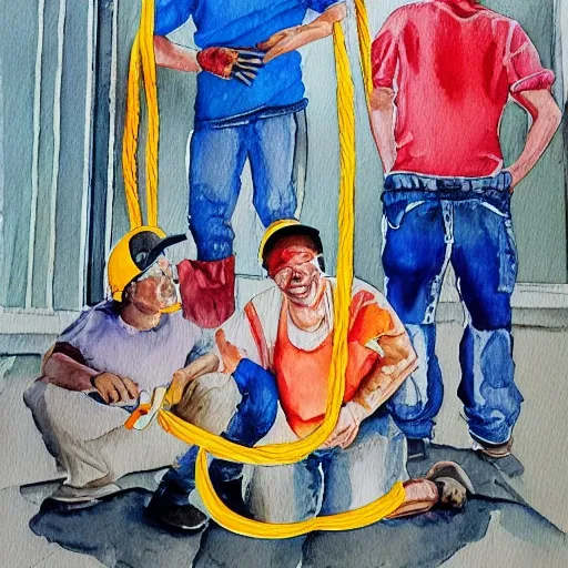 create an image of a group of workers, happily examining a new, space-saving and energy-efficient elevator rope, Water Color, Oil Painting