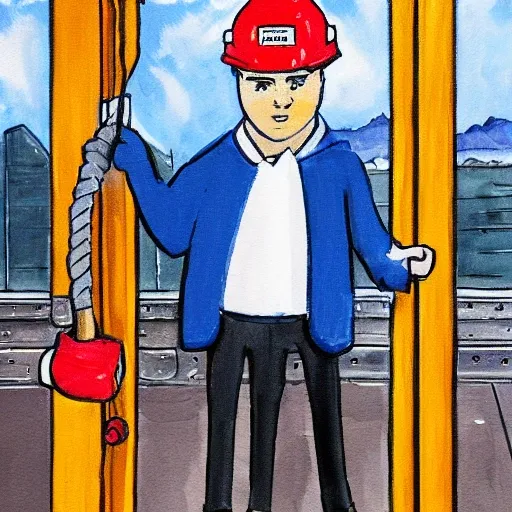 create an image of a proud engineer, holding up a piece of flat, rubbery-looking hoist cable, and pointing to it proudly as if to say, “This is the future of elevators.”, Cartoon, Oil Painting, Water Color