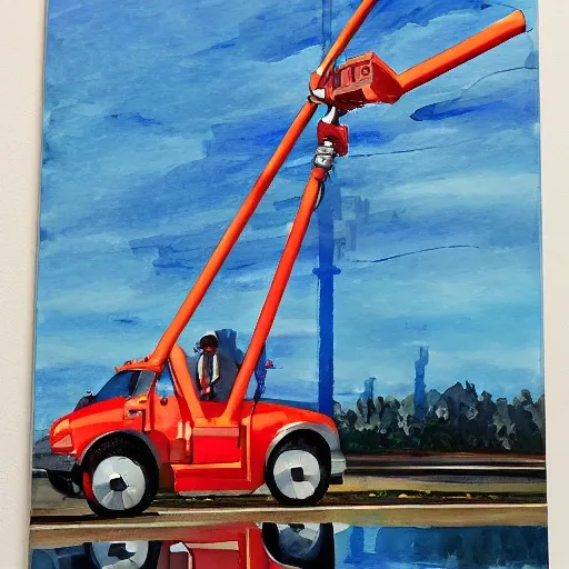 create an image of a proud engineer, holding up a piece of flat, rubbery-looking hoist cable, and pointing to it proudly as if to say, “This is the future of elevators.”,  Oil Painting, Water Color