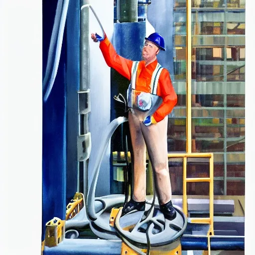 create an image of a proud engineer, holding up a piece of flat, rubbery-looking hoist cable, and pointing to it proudly as if to say, “This is the future of elevators.”,  Oil Painting, Water Color