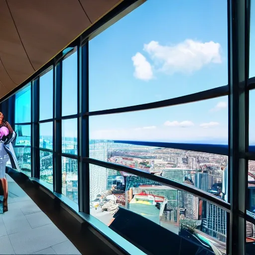  futuristic hotel view from high floor elevator