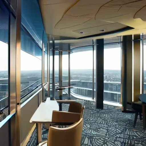 futuristic hotel view from high floor elevator to reception