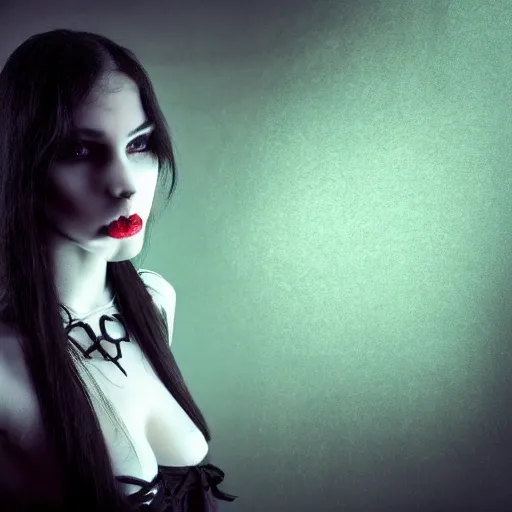 gothic church background, dark setting, light particles, BREAK 1girl, mature looking, pale, black long hair, green eyes, chocker, dark lipstick, long hair, menacing, vampire, dutch angle, naked